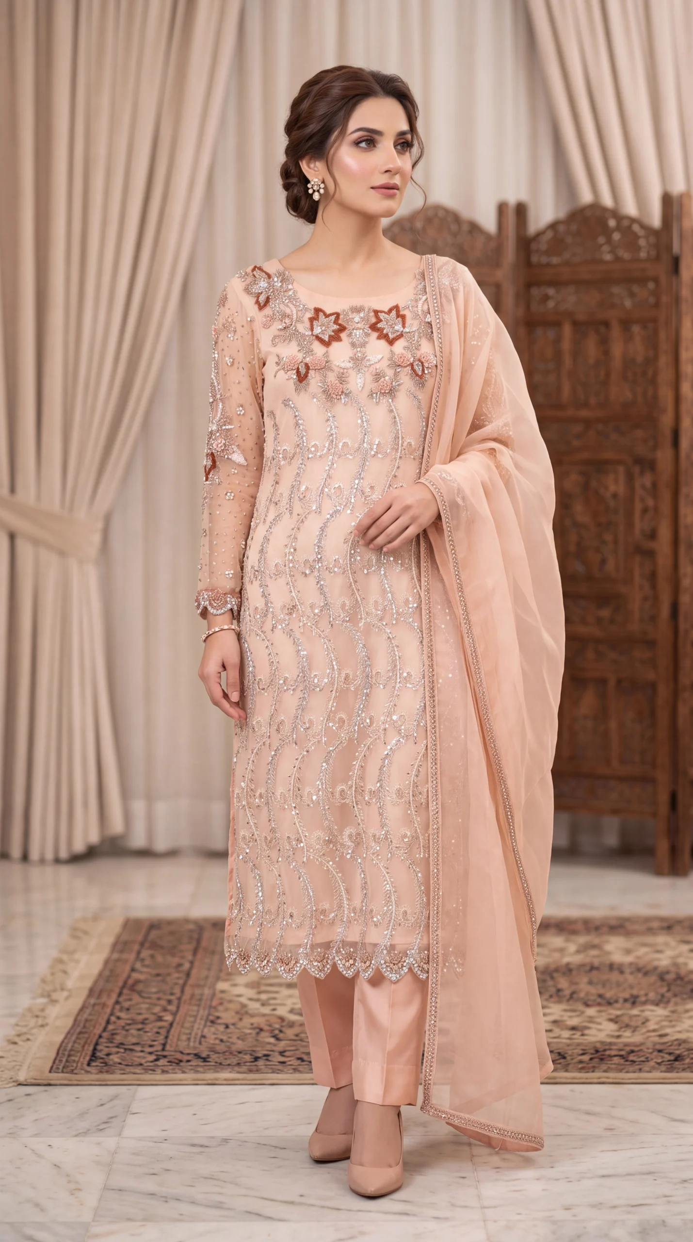 Peach Pink Sequin-Embellished Net Kurti with Straight Trousers and Scalloped Dupatta – Luxury Formal & Festive Wear