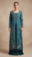 Teal Blue Gold-Embroidered Front-Open Long Jacket with Pleated Inner Maxi – Luxury Formal & Evening Wear