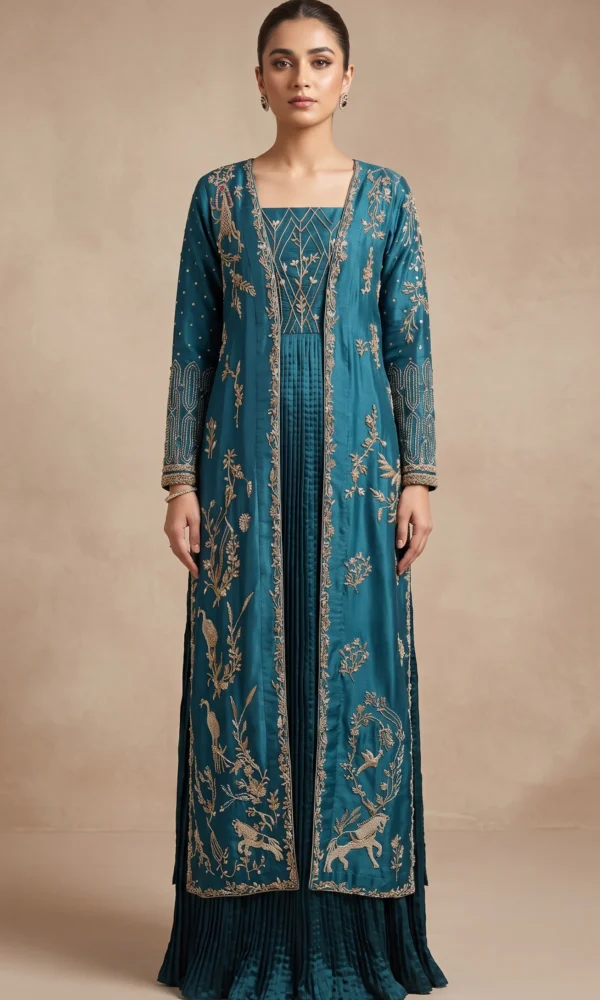 Teal Blue Gold-Embroidered Front-Open Long Jacket with Pleated Inner Maxi – Luxury Formal & Evening Wear