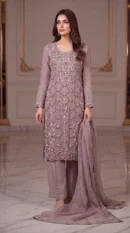 Mauve Taupe Heavy Crystal and Bead-Embellished Net Kurti with Straight Trousers – Luxury Formal & Festive Wear