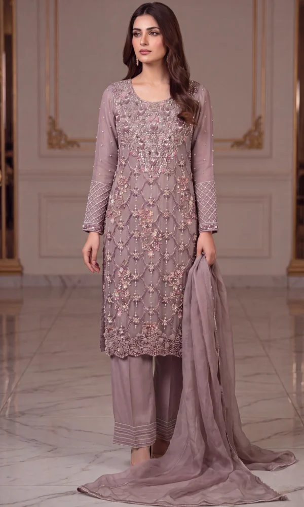 Mauve Taupe Heavy Crystal and Bead-Embellished Net Kurti with Straight Trousers – Luxury Formal & Festive Wear