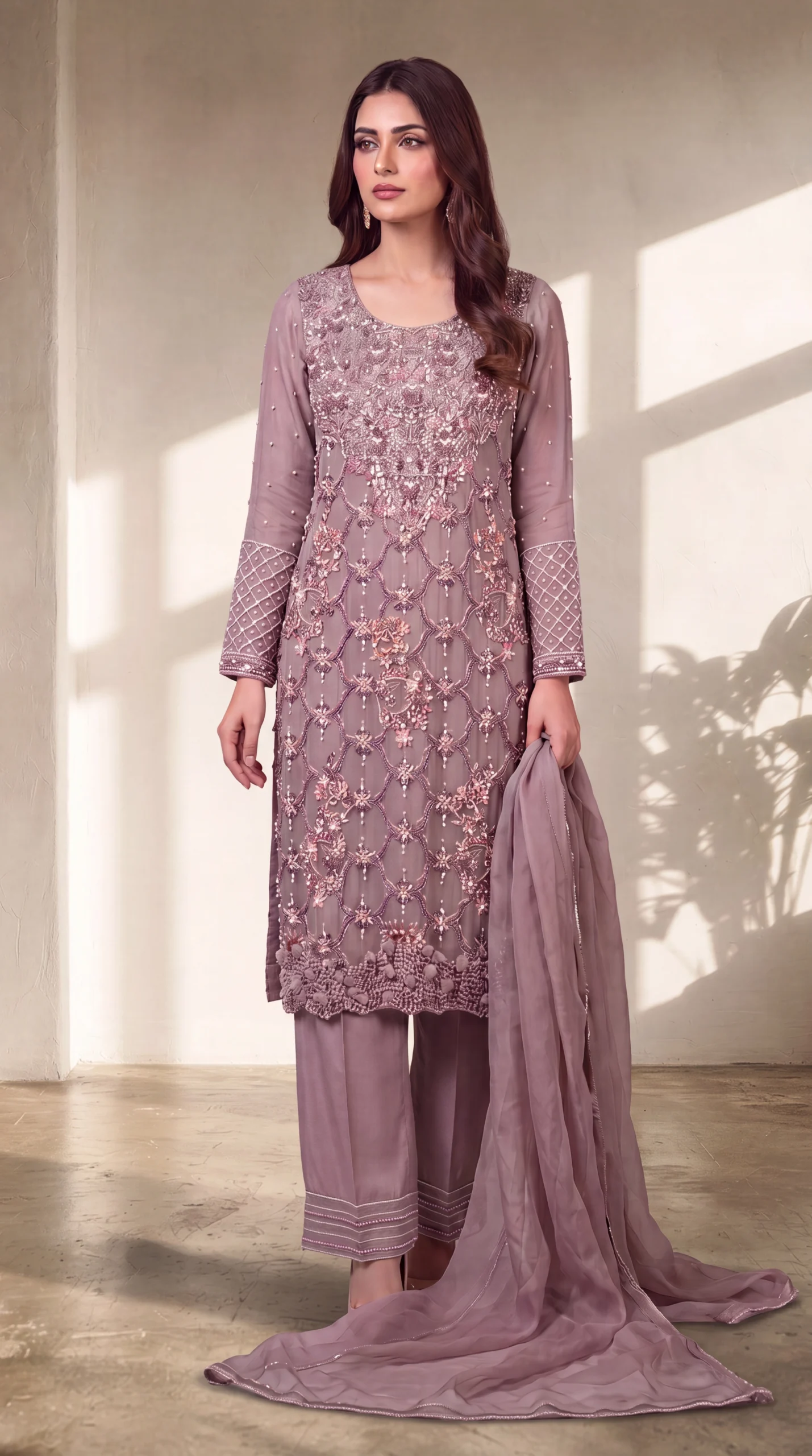Mauve Taupe Heavy Crystal and Bead-Embellished Net Kurti with Straight Trousers – Luxury Formal & Festive Wear - Image 2