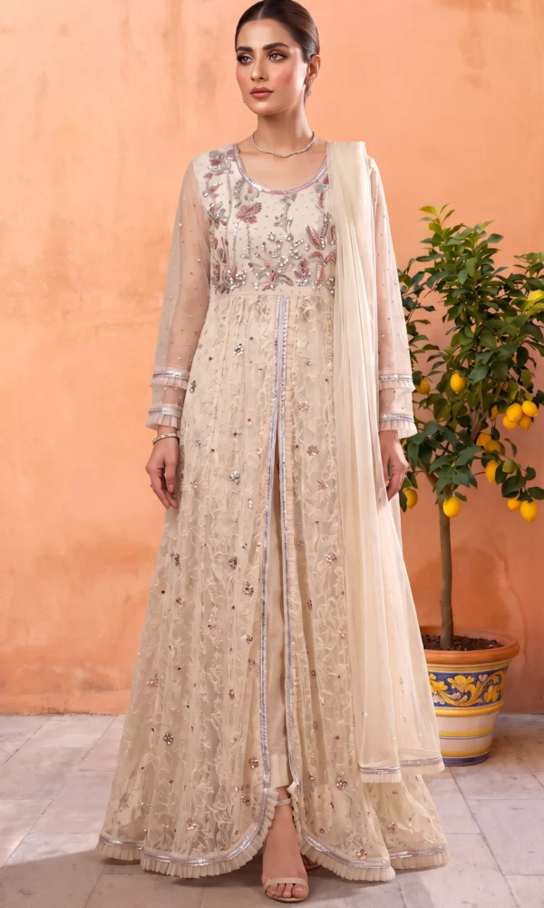 Champagne Cream Embroidered Front-Open Long Jacket with Straight Pants and Dupatta – Luxury Formal & Festive Wear