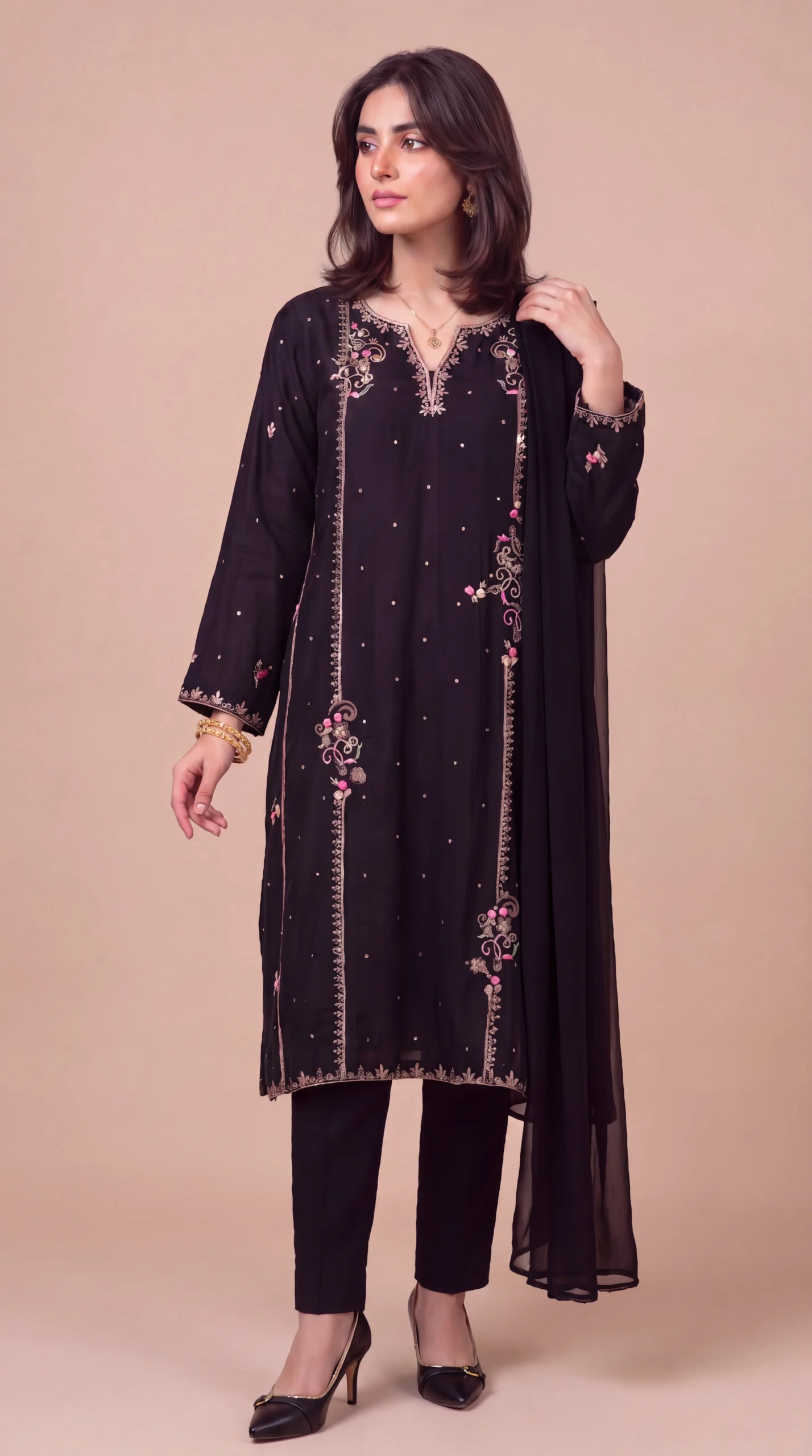Midnight Black Embroidered Silk Kurti with Straight Trousers and Matching Dupatta – Luxury Formal & Evening Wear - Image 2