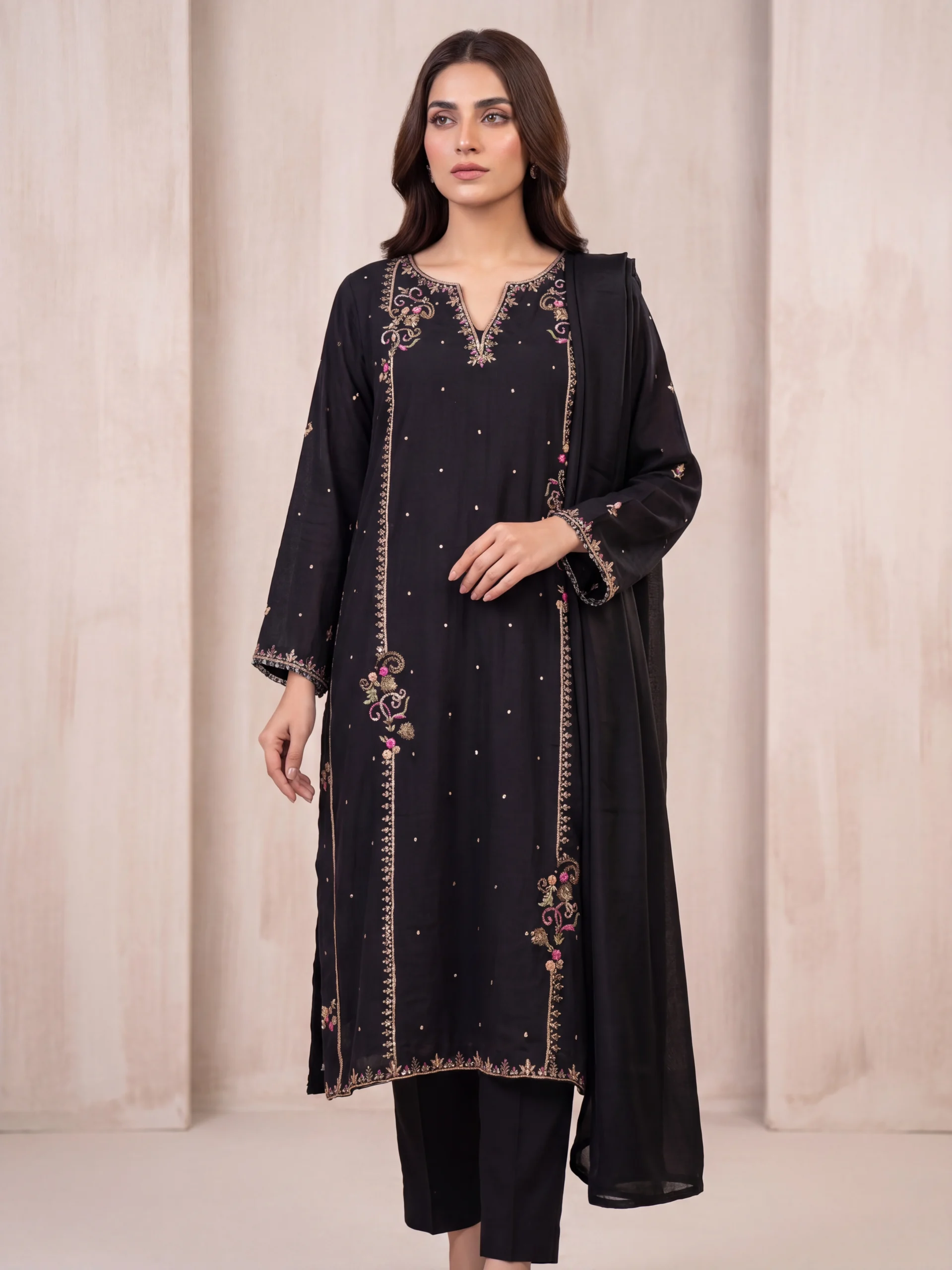 Midnight Black Embroidered Silk Kurti with Straight Trousers and Matching Dupatta – Luxury Formal & Evening Wear