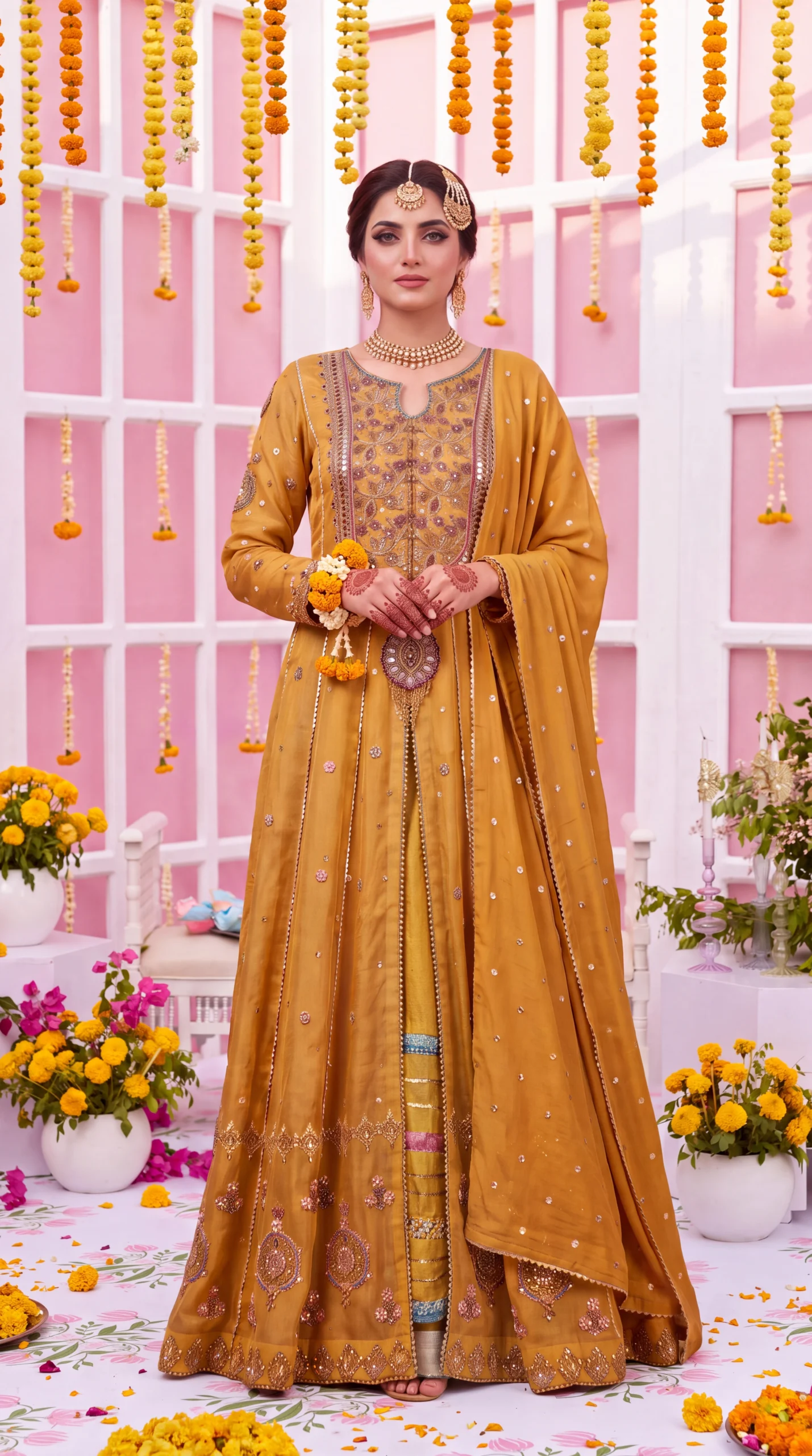 Mustard Gold Heavy Embroidered Front-Open Long Jacket with Matching Lehenga – Mayoun, Mehndi & Festive Wear