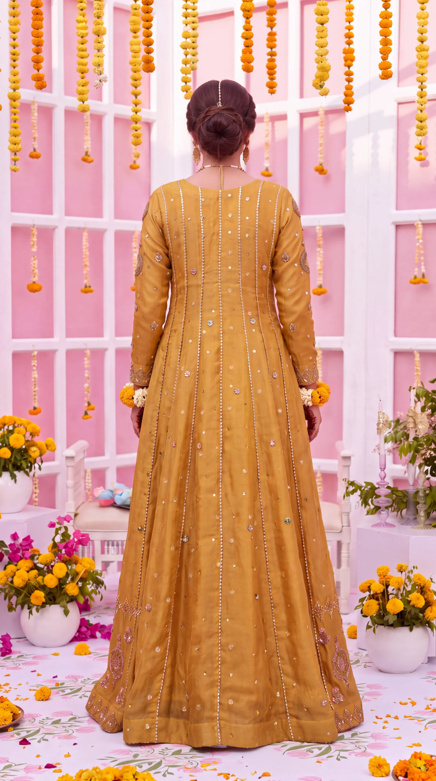 Mustard Gold Heavy Embroidered Front-Open Long Jacket with Matching Lehenga – Mayoun, Mehndi & Festive Wear - Image 2