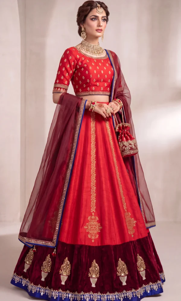 Crimson & Maroon Velvet Border Embroidered Bridal Lehenga Choli Set