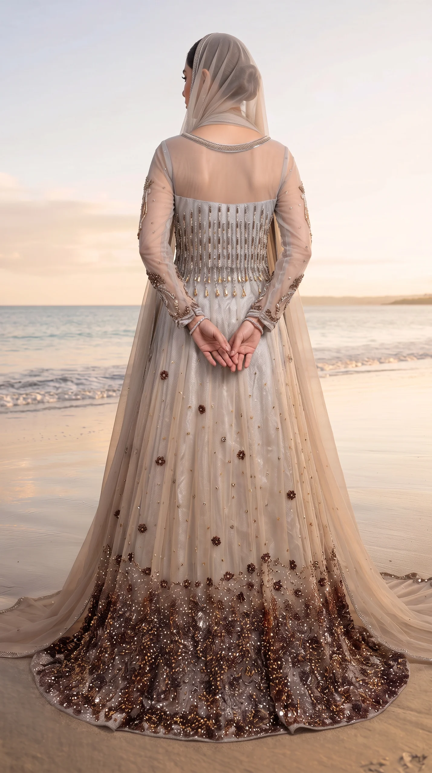 Champagne Gold Heavy Crystal-Embellished Kurti with Grey Pleated Lehenga and 3D Floral Hem – Luxury Formal & Reception Wear - Image 2