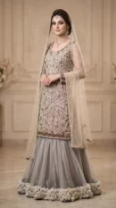 Champagne Gold Heavy Crystal-Embellished Kurti with Grey Pleated Lehenga and 3D Floral Hem – Luxury Formal & Reception Wear