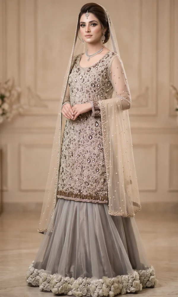 Champagne Gold Heavy Crystal-Embellished Kurti with Grey Pleated Lehenga and 3D Floral Hem – Luxury Formal & Reception Wear