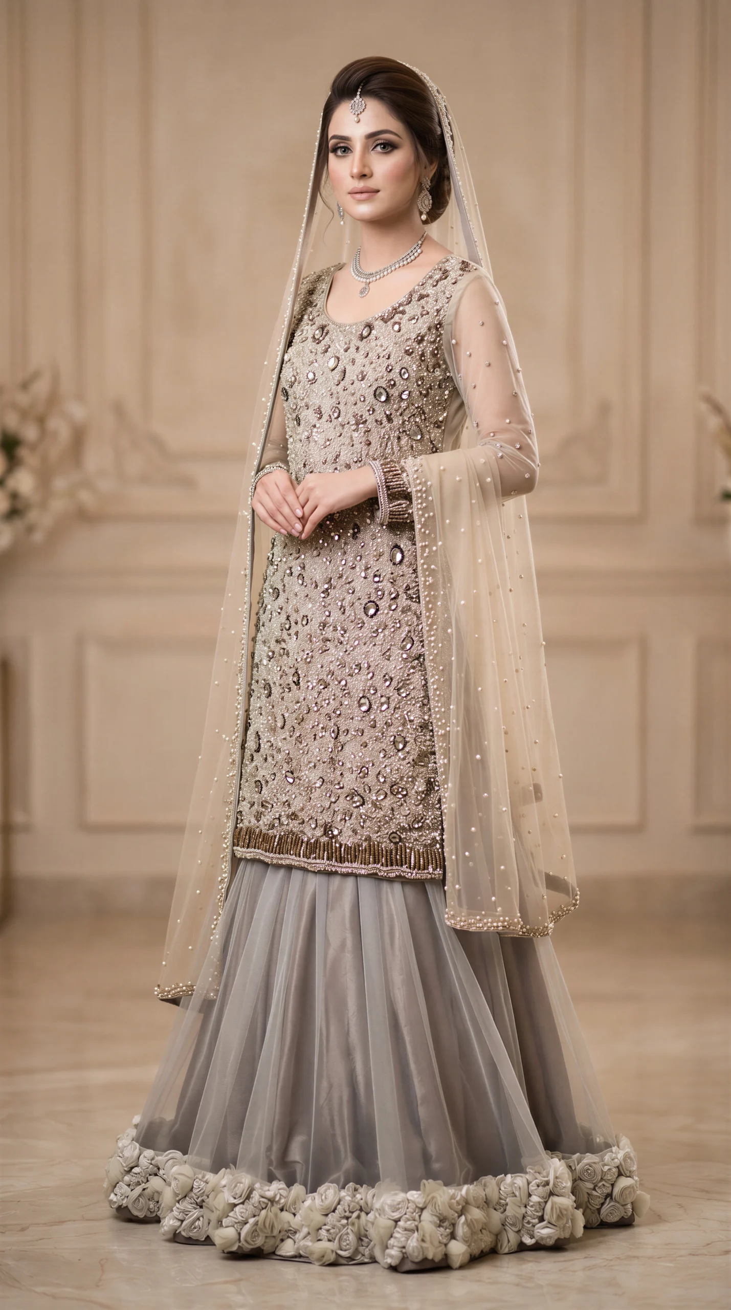Champagne Gold Heavy Crystal-Embellished Kurti with Grey Pleated Lehenga and 3D Floral Hem – Luxury Formal & Reception Wear