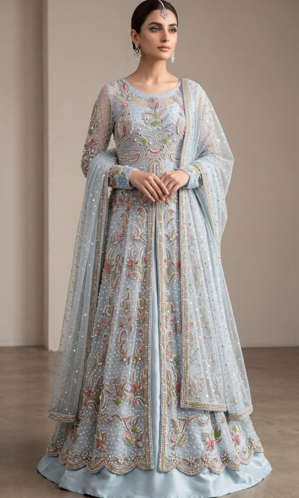 Powder Blue Embroidered Bridal Maxi with Embellished Sheer Dupatta