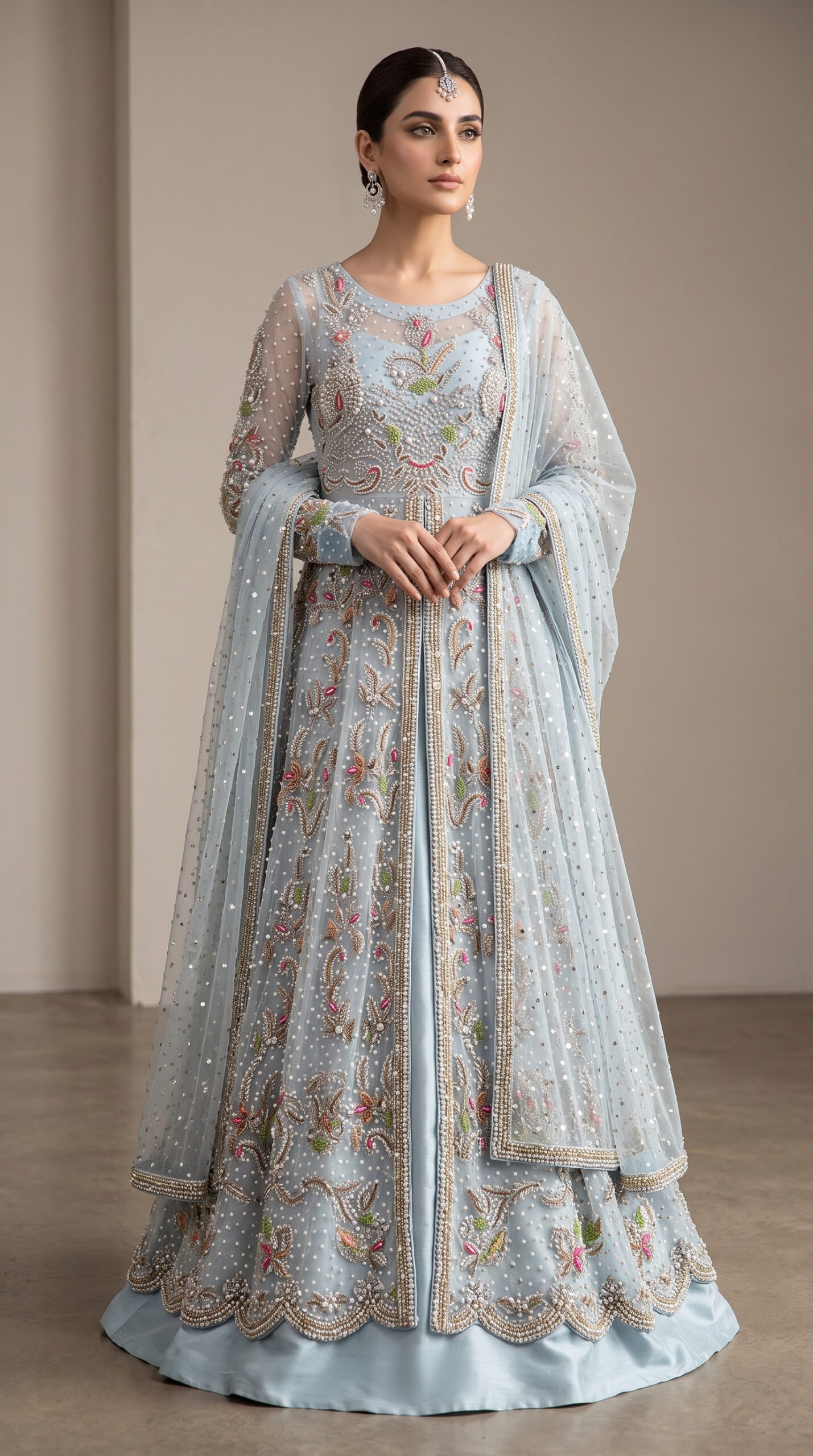 Powder Blue Embroidered Bridal Maxi with Embellished Sheer Dupatta