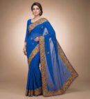 Royal Blue Zari and Sequin-Embroidered Net Saree with Heavy Border and Matching Blouse – Luxury Wedding & Reception Wear