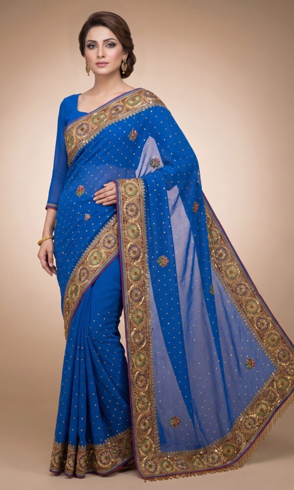 Royal Blue Zari and Sequin-Embroidered Net Saree with Heavy Border and Matching Blouse – Luxury Wedding & Reception Wear