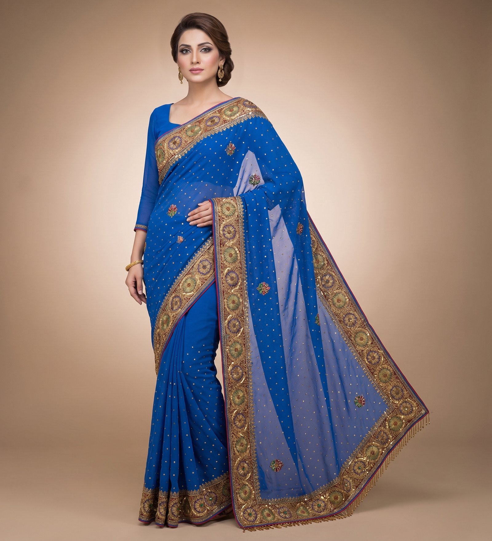 Royal Blue Zari and Sequin-Embroidered Net Saree with Heavy Border and Matching Blouse – Luxury Wedding & Reception Wear