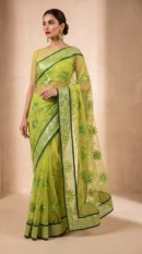 Lime Green Sequin and Star-Embroidered Net Saree with Emerald Green Trim Border and Matching Blouse – Luxury Festive & Wedding Wear