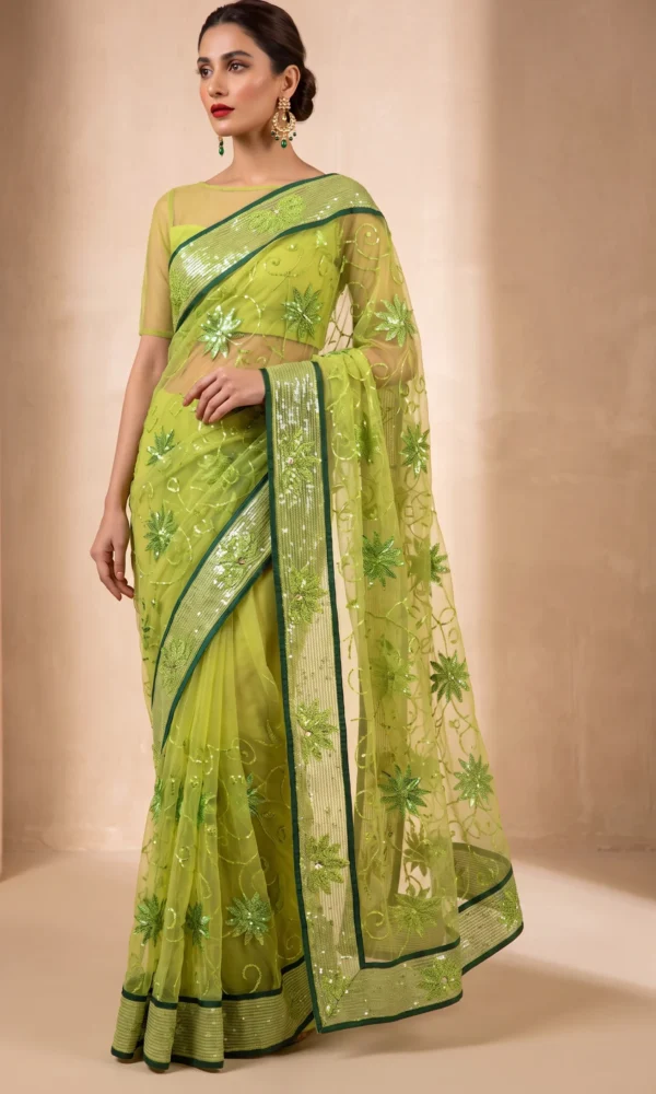 Lime Green Sequin and Star-Embroidered Net Saree with Emerald Green Trim Border and Matching Blouse – Luxury Festive & Wedding Wear