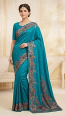 Teal Blue Silk Saree with Copper-Gold Cutwork Embroidered Borders and Matching Blouse – Luxury Wedding & Festive Wear