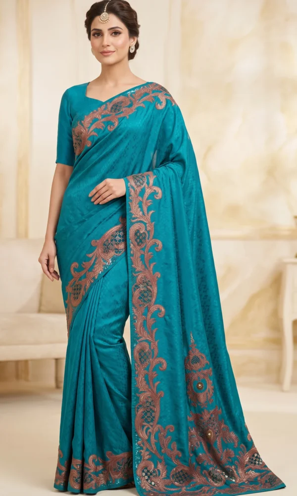 Teal Blue Silk Saree with Copper-Gold Cutwork Embroidered Borders and Matching Blouse – Luxury Wedding & Festive Wear
