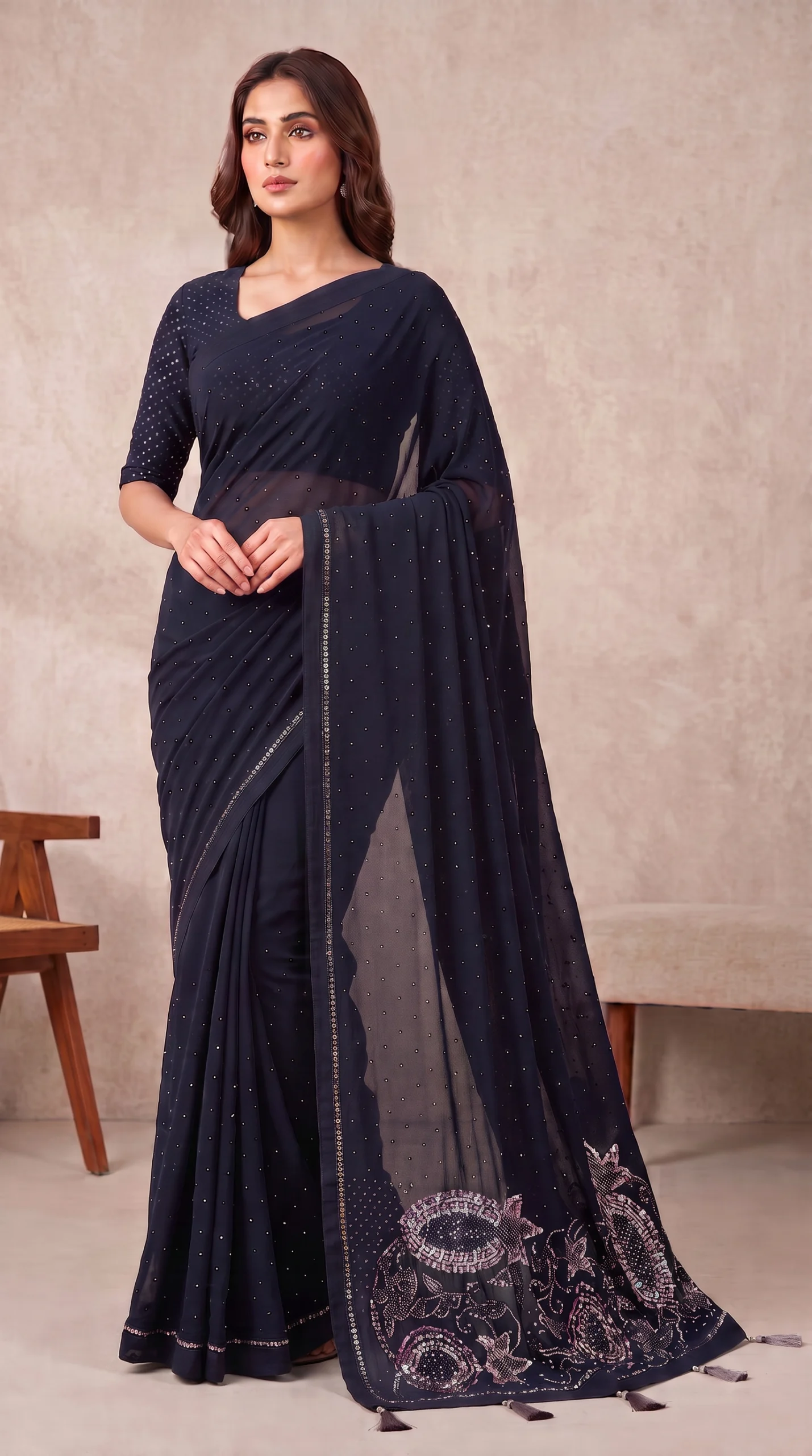 Midnight Blue Sequin and Bead-Embellished Net Saree with Scallop Border and Matching Blouse – Luxury Wedding & Evening Wear