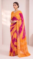 Mustard Yellow & Magenta Bandhani Printed Saree with Sequin Accents and Matching Blouse – Traditional Festive & Wedding Wear