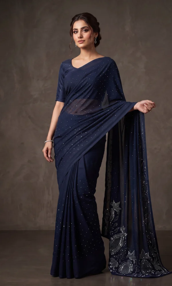 Midnight Blue Crystal and Sequin Embellished Net Saree with Embroidered Pallu and Matching Blouse – Luxury Wedding & Evening Wear