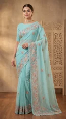 Ice Blue Zari and Sequin-Embroidered Net Saree with Scallop Border and Matching Blouse – Luxury Wedding & Reception Wear