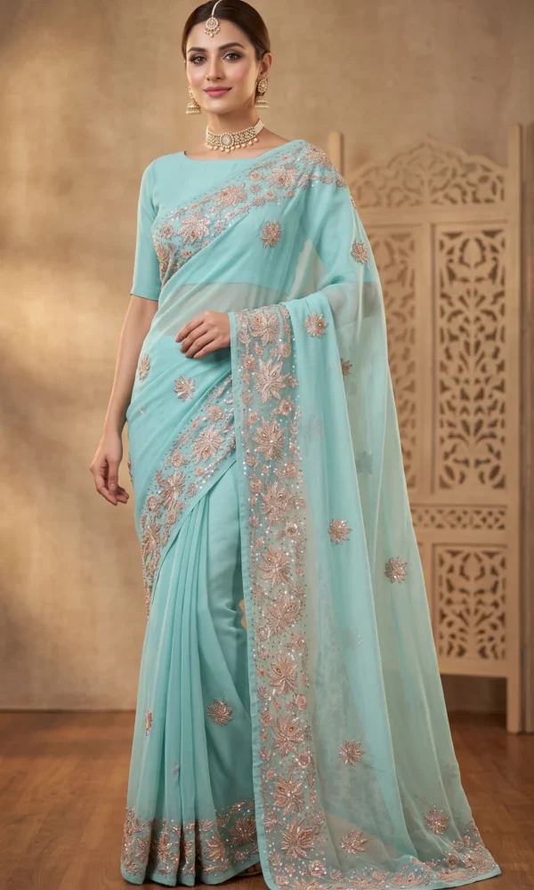 Ice Blue Zari and Sequin-Embroidered Net Saree with Scallop Border and Matching Blouse – Luxury Wedding & Reception Wear