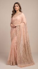 Peach and Gold Zari and Sequin-Embroidered Net Saree with Scallop Border and Matching Blouse – Luxury Wedding & Reception Wea