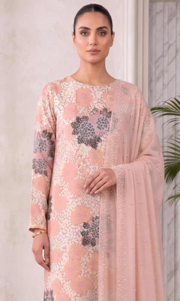 Peach Floral Printed Luxe Pret Kurti with Straight Trousers and Pearl-Embellished Dupatta – Ready-to-Wear Festive & Casual Chic