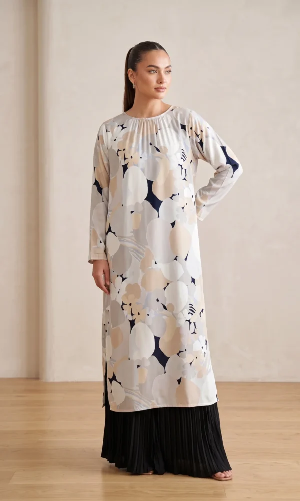 Neutral Abstract Floral Printed Luxe Pret Long Shirt with Contrasting Pleated Pants – Ready-to-Wear Chic & Contemporary Daywear