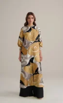 Mustard Gold Abstract Printed Luxe Pret Long Shirt with Contrasting Palazzo Trousers – Ready-to-Wear Chic & Modern Daywear