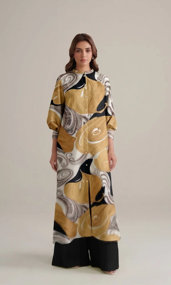 Mustard Gold Abstract Printed Luxe Pret Long Shirt with Contrasting Palazzo Trousers – Ready-to-Wear Chic & Modern Daywear