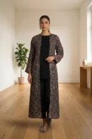 Black Floral Printed Front-Open Long Jacket with Solid Inner Shirt and Pants – Ready-to-Wear Luxe Pret & Smart Casual Wear