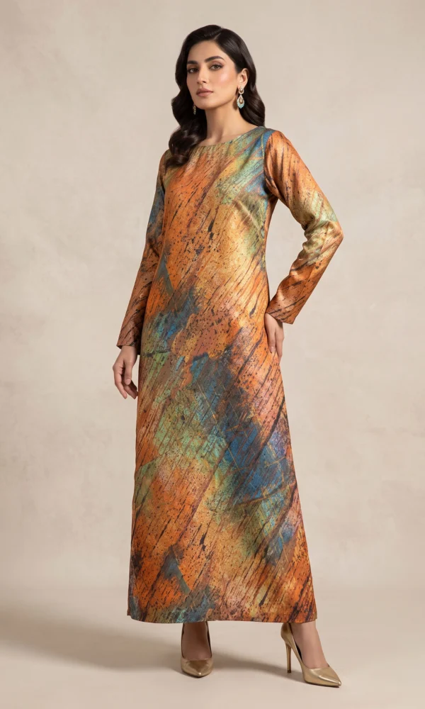 Vibrant Abstract Brushstroke Printed Luxe Pret Maxi Gown – Ready-to-Wear Artistic Chic & Contemporary Daywear