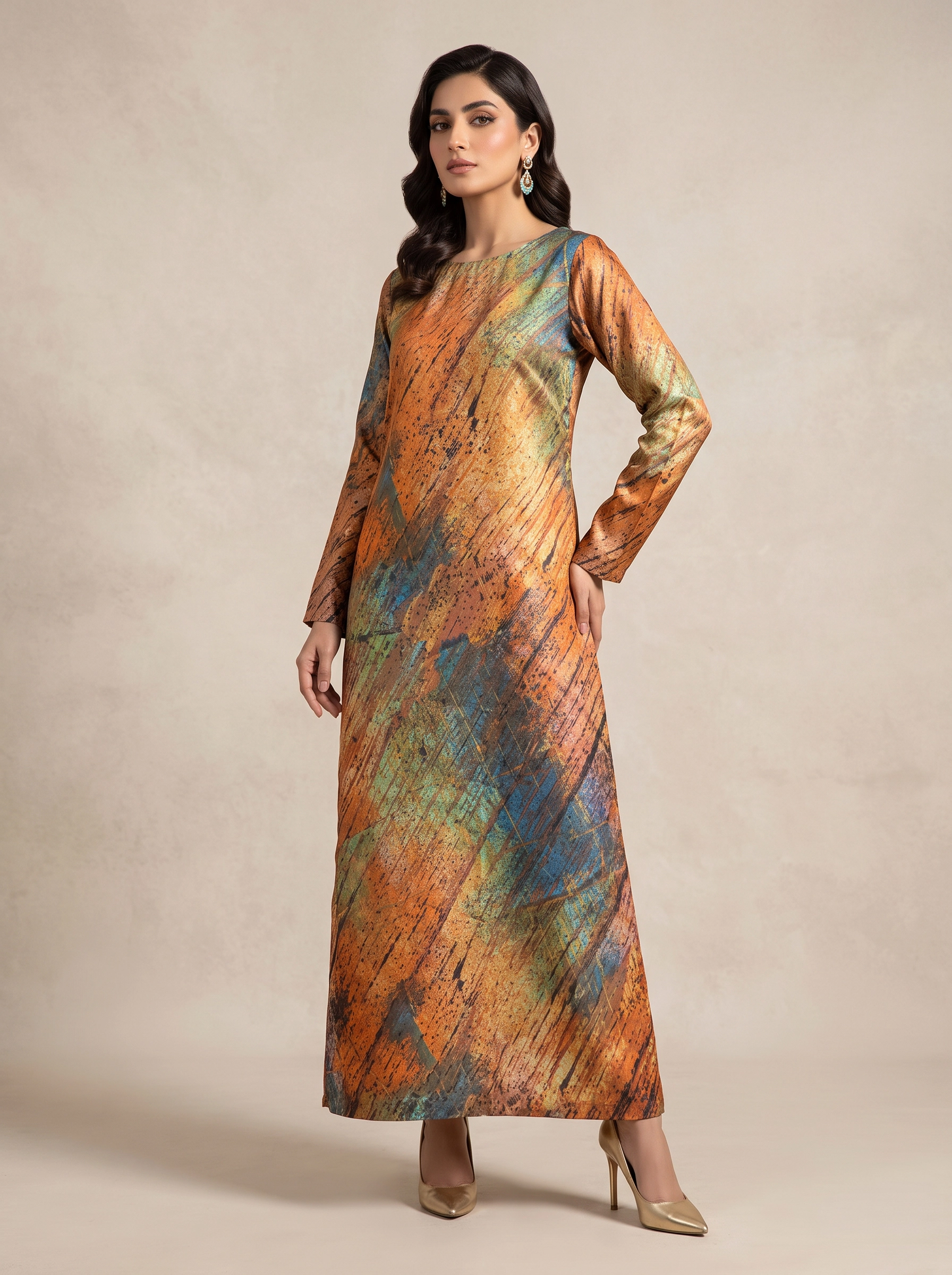 Vibrant Abstract Brushstroke Printed Luxe Pret Maxi Gown – Ready-to-Wear Artistic Chic & Contemporary Daywear