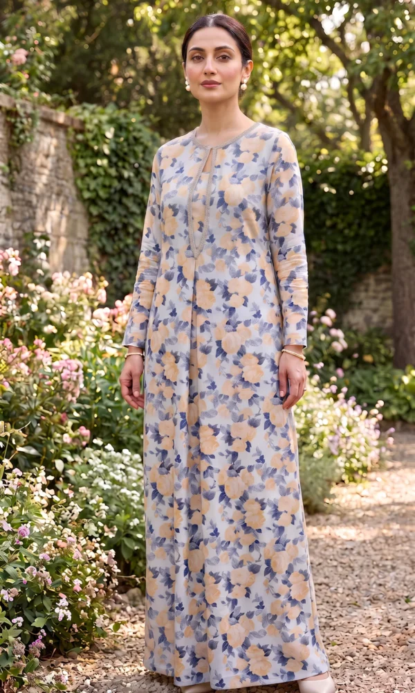 Sky Blue & Peach Floral Printed Luxe Pret Maxi Gown with Embellished Neckline – Ready-to-Wear Daytime Chic