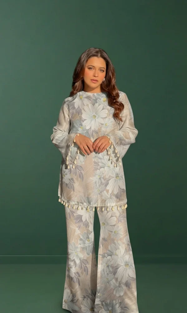 Sage Blue Floral Printed Luxe Pret Kurti with Matching Flared Pants and Tassel Trim – Ready-to-Wear Chic Daywear