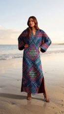 Vibrant Geometric Printed Resort Maxi Kaftan Dress with Wide Sleeves – Luxury Vacation & Evening Wear