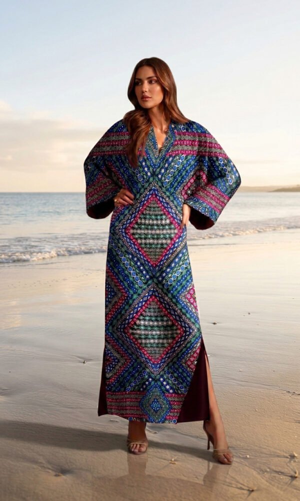 Vibrant Geometric Printed Resort Maxi Kaftan Dress with Wide Sleeves – Luxury Vacation & Evening Wear