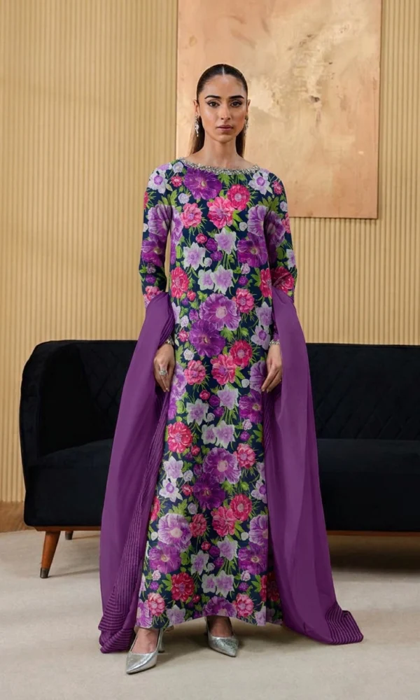 Navy Blue & Purple Floral Printed Luxe Pret Maxi Dress with Embellished Neckline and Matching Dupatta – Ready-to-Wear Evening Chic
