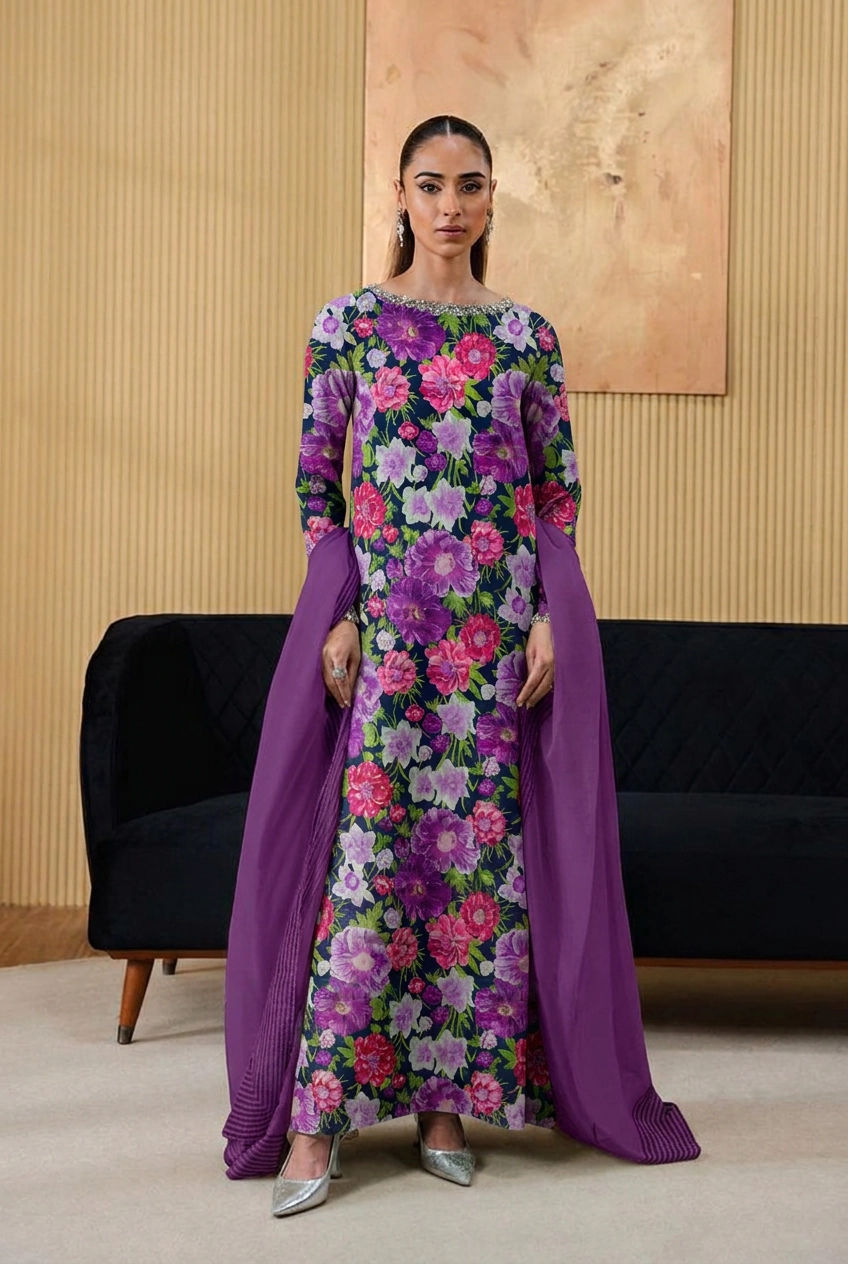 Navy Blue & Purple Floral Printed Luxe Pret Maxi Dress with Embellished Neckline and Matching Dupatta – Ready-to-Wear Evening Chic