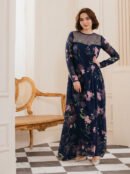 Navy Blue & Pink Floral Printed Maxi Gown with Sheer Embellished Yoke – Ready-to-Wear Evening Chic & Festive Daywear