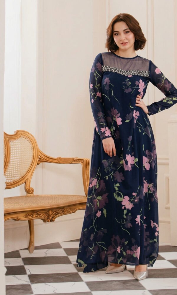Navy Blue & Pink Floral Printed Maxi Gown with Sheer Embellished Yoke – Ready-to-Wear Evening Chic & Festive Daywear