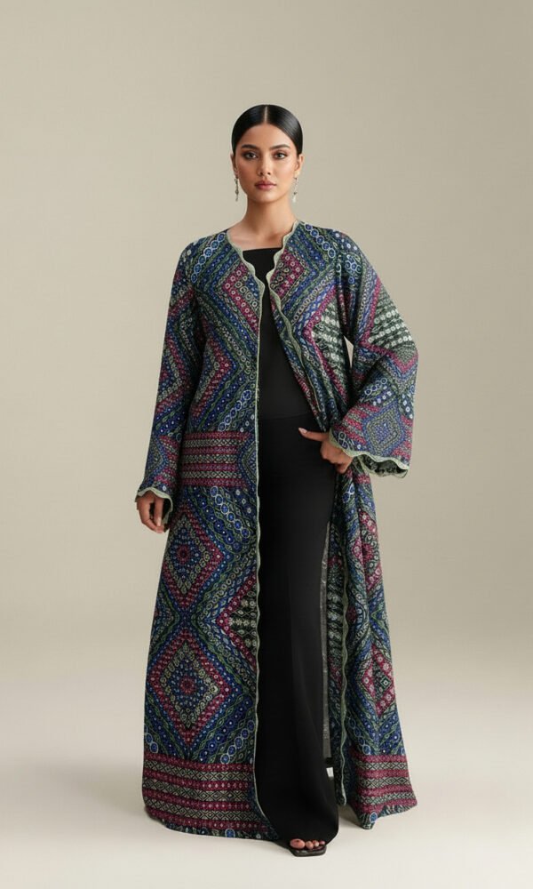 Multi-Color Geometric Printed Front-Open Long Jacket with Solid Inner Shirt and Pants – Ready-to-Wear Contemporary Luxe Pret