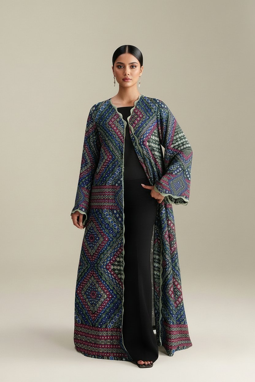 Multi-Color Geometric Printed Front-Open Long Jacket with Solid Inner Shirt and Pants – Ready-to-Wear Contemporary Luxe Pret