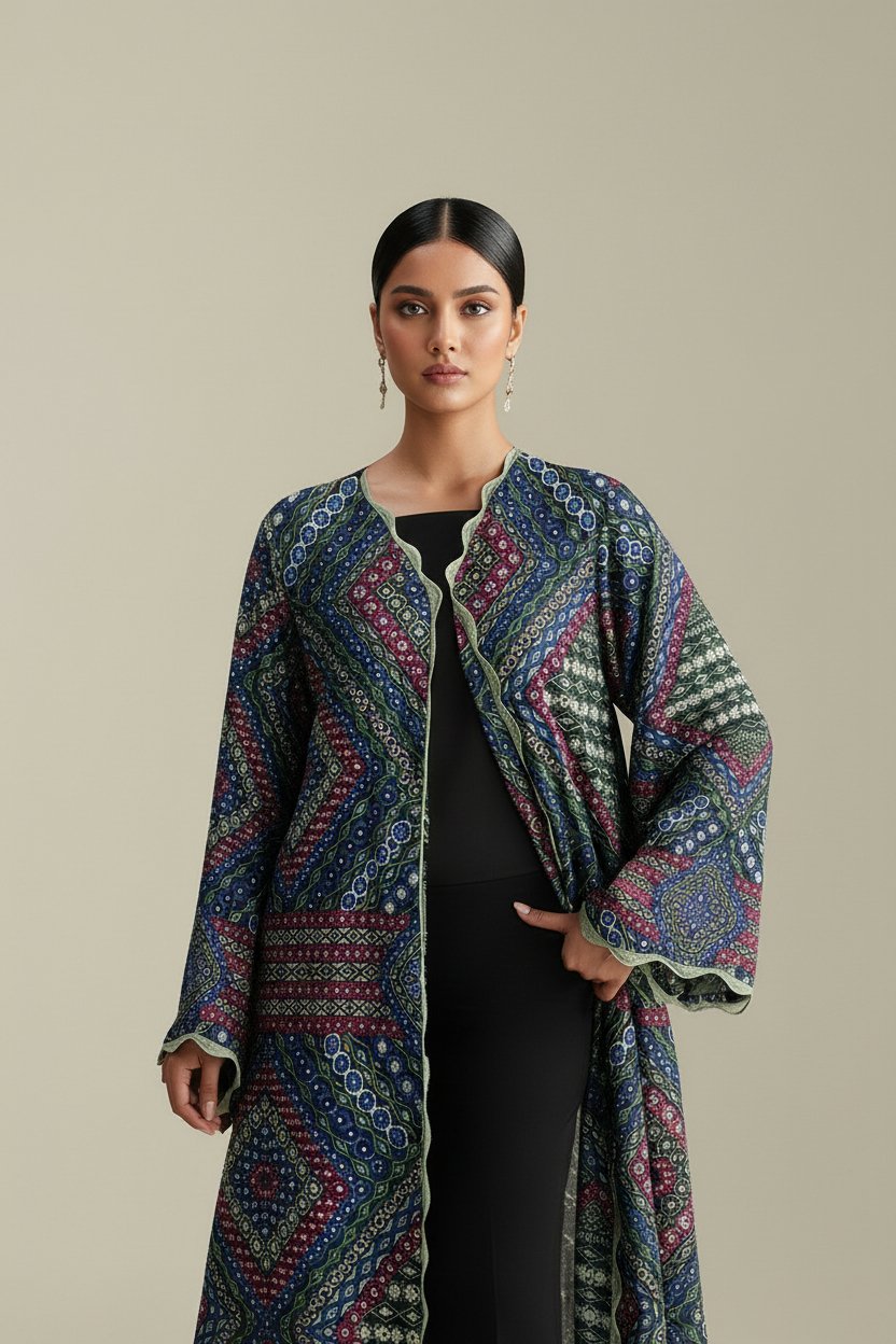 Multi-Color Geometric Printed Front-Open Long Jacket with Solid Inner Shirt and Pants – Ready-to-Wear Contemporary Luxe Pret - Image 2