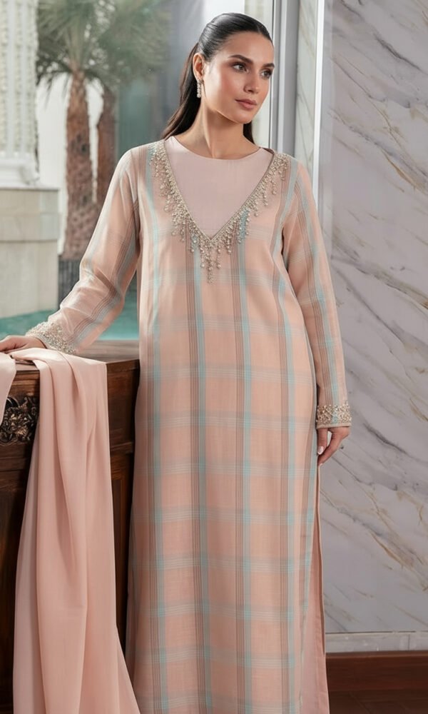 Peach and Blue Checked Net Saree with Pearl and Crystal Embellished Neckline and Matching Blouse – Luxury Wedding & Festive Wear